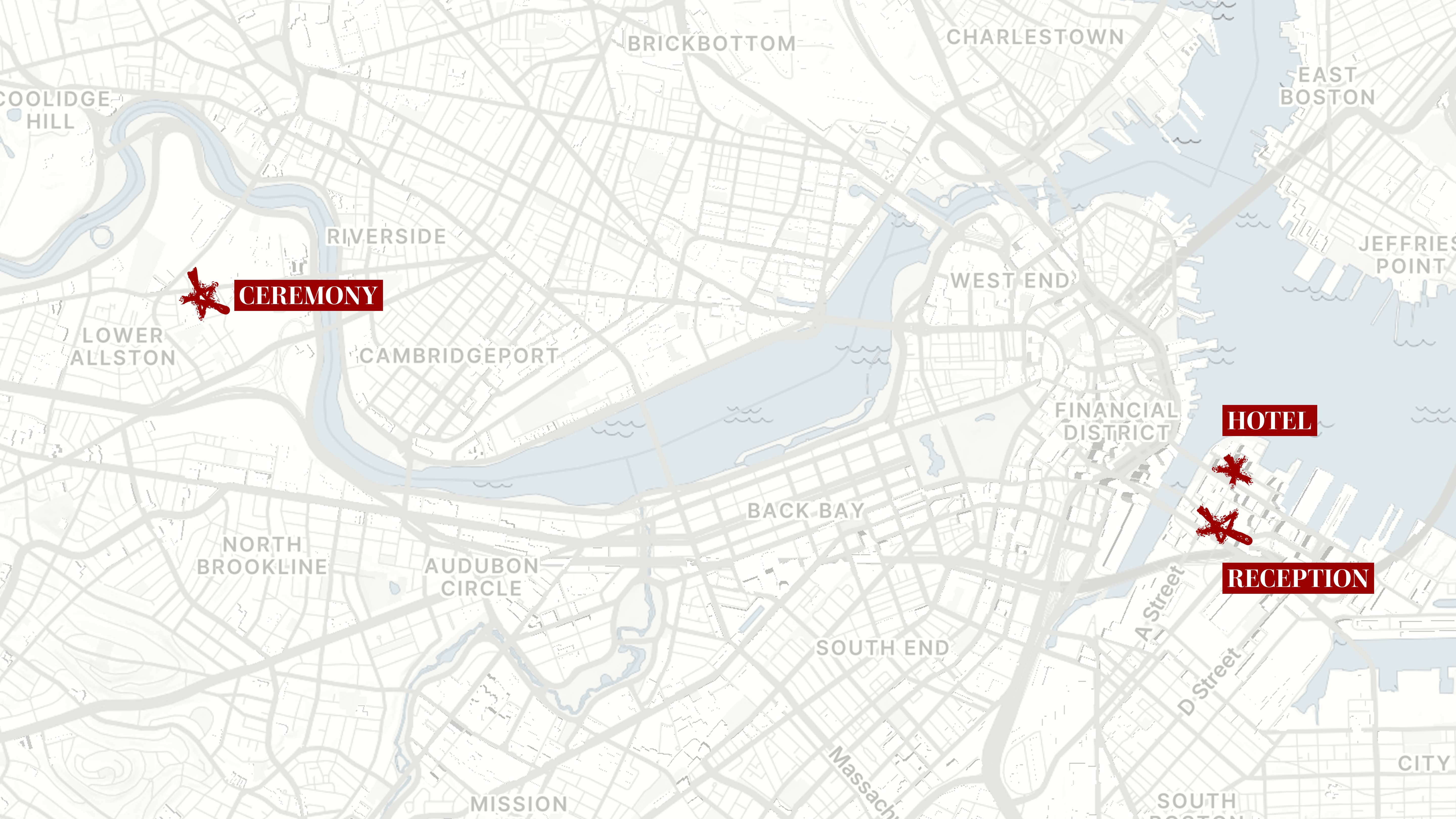 Map of Boston showing the three wedding venue locations: Ceremony near Riverside, Hotel and Reception in Seaport
