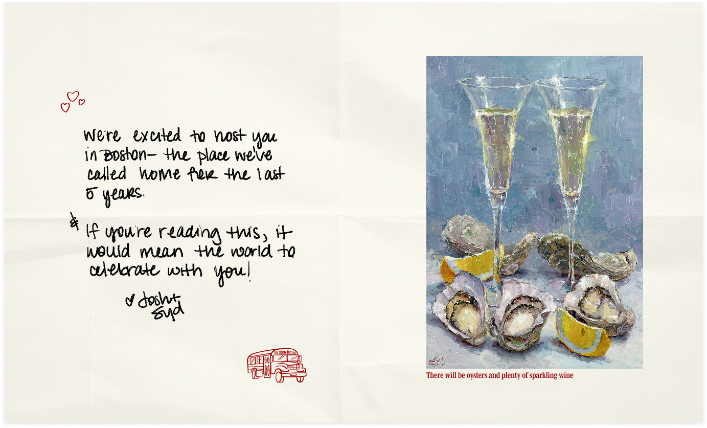 A handwritten note on crumpled paper from Josh and Syd welcoming guests to Boston, alongside an oil painting of champagne flutes and oysters