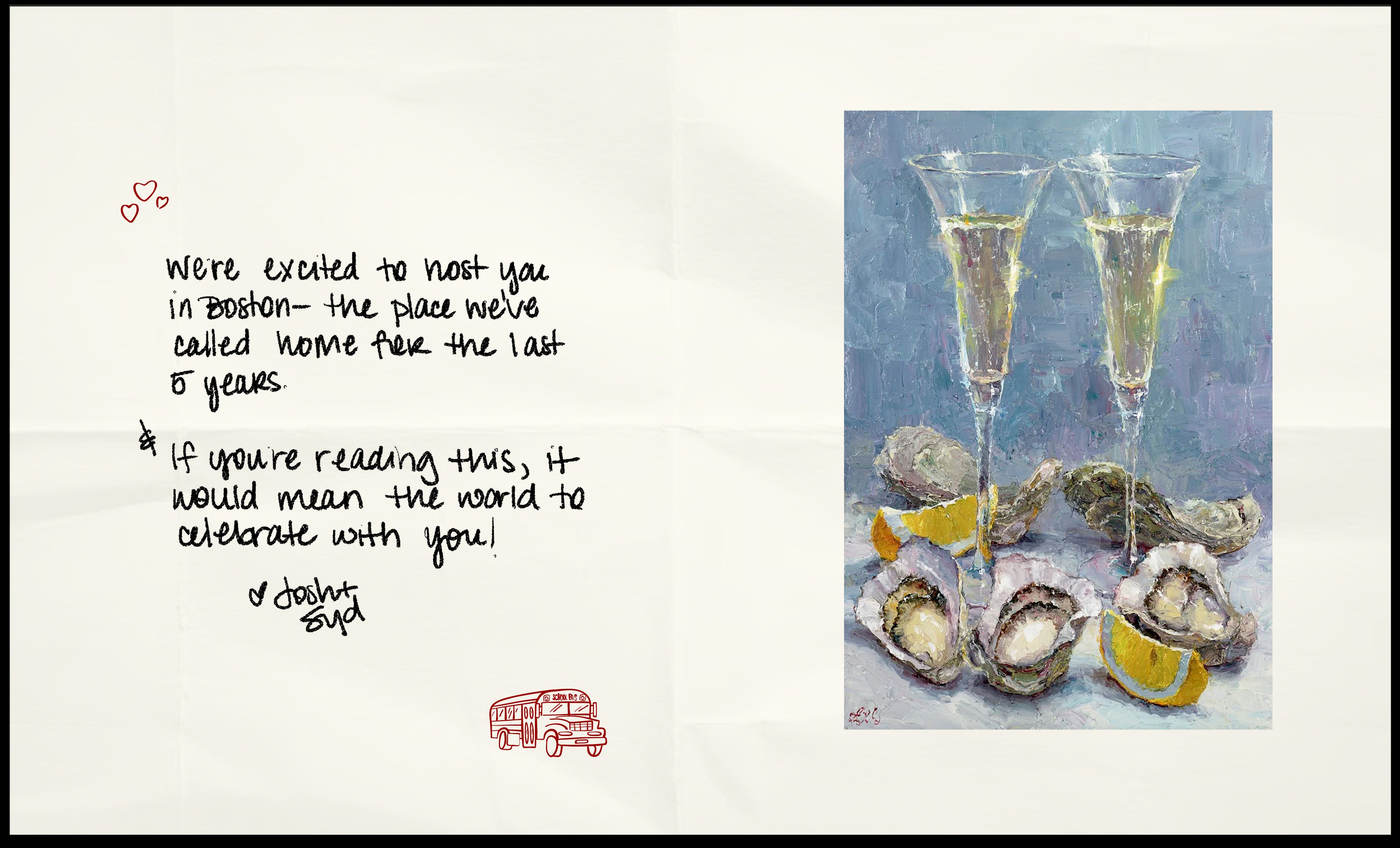 A handwritten note on crumpled paper from Josh and Syd welcoming guests to Boston, alongside an oil painting of champagne flutes and oysters